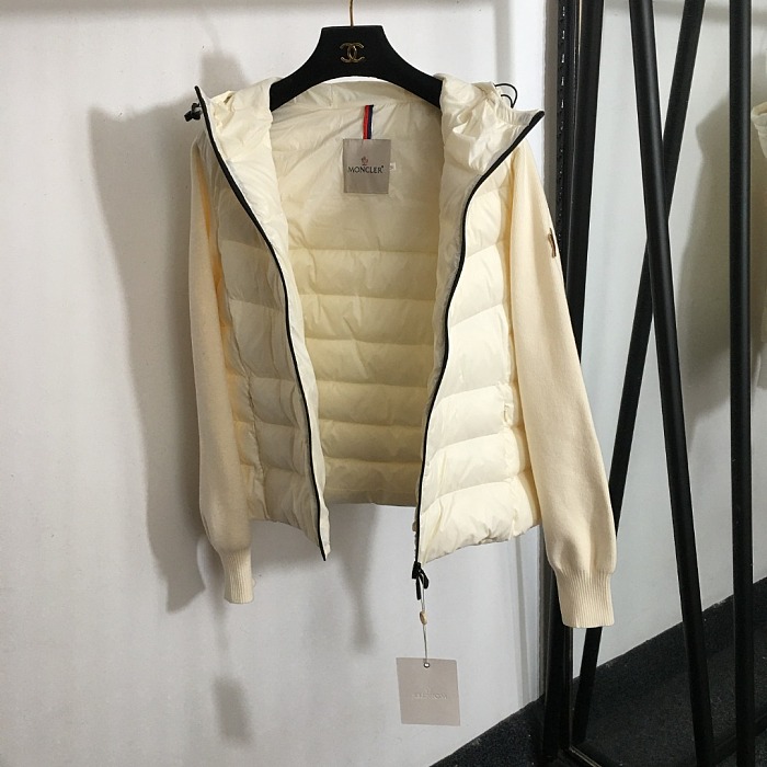 Contrast Patchwork Wool Knit White Goose Down Hooded Puffer Coat