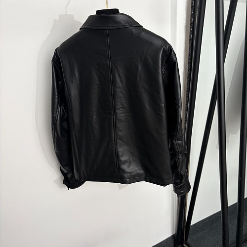 Bow Letter Graphic Lapel Long Sleeve PU Leather Jacket