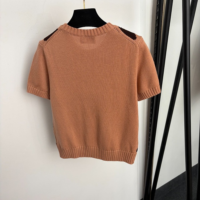 Colorblocked Argyle Pattern Wool Blend Short Sleeve Knit Top