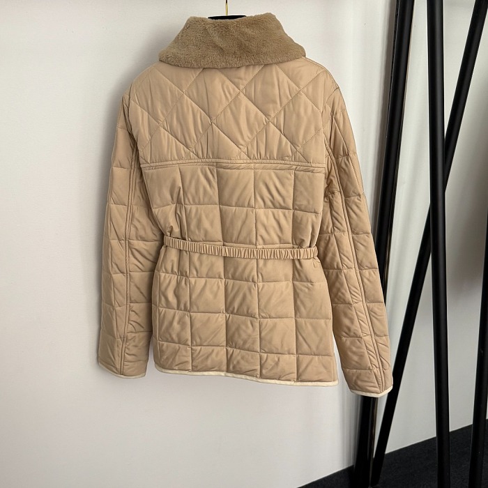 Removable Faux Fur Collar Belted Puffer Coat With Arm Graphic Detail