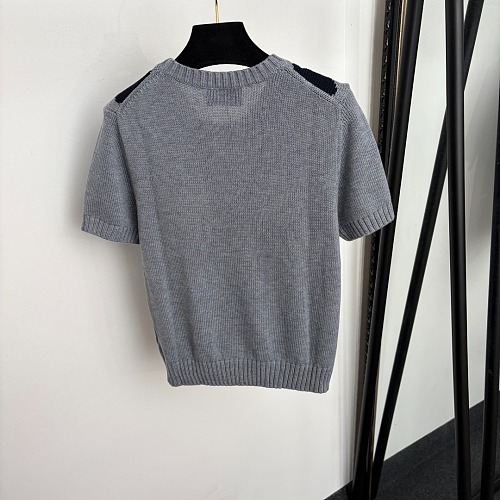 Contrast Argyle Pattern Wool Blend Short Sleeve Knit Top