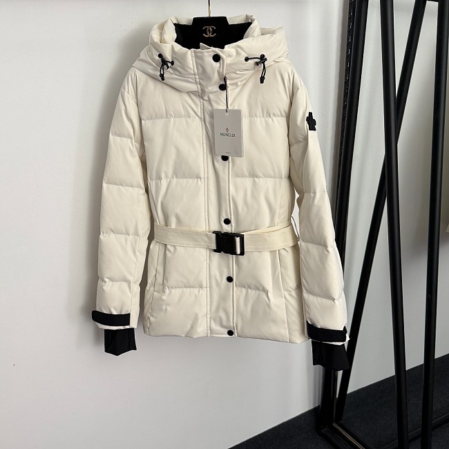 Velcro Cuffs Belted Hooded Slim White Duck Down Puffer Jacket