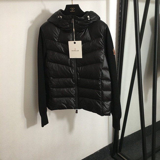 Contrast Patchwork Wool Knit Black Goose Down Hooded Puffer Coat
