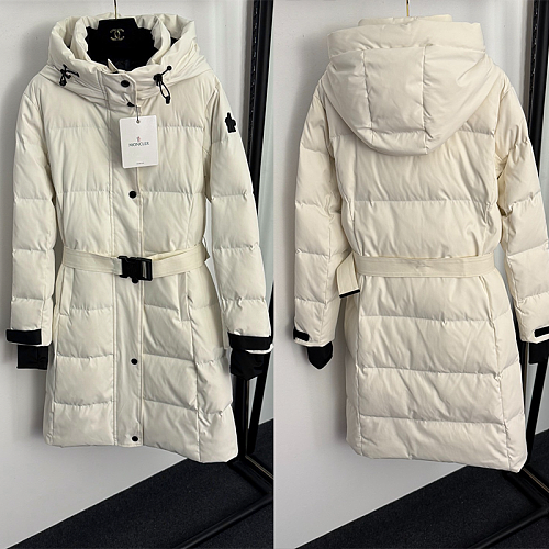 Removable Buckle Belt Hooded Long White Duck Down Coat