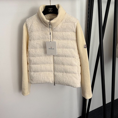 Sherpa Spliced Ribbed Knit White Duck Down Puffer Jacket