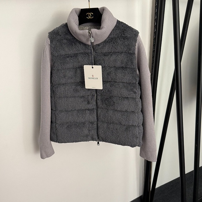 Sherpa Spliced Ribbed Knit White Duck Down Puffer Jacket