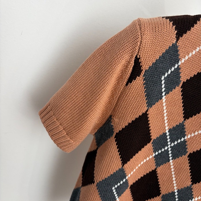 Colorblocked Argyle Pattern Wool Blend Short Sleeve Knit Top