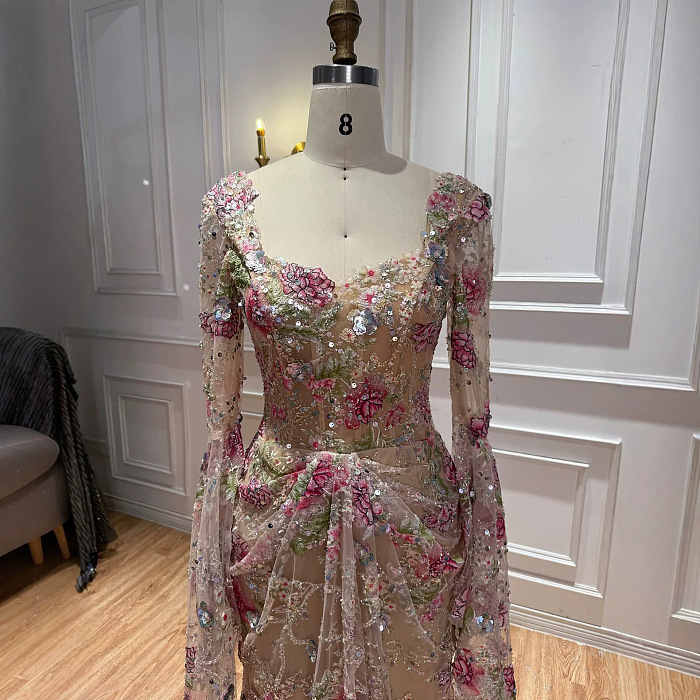 Ethereal Floral Embroidered Mermaid Evening Gown with Slit Bell Sleeves & Corset Back