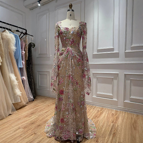 Ethereal Floral Embroidered Mermaid Evening Gown with Slit Bell Sleeves & Corset Back