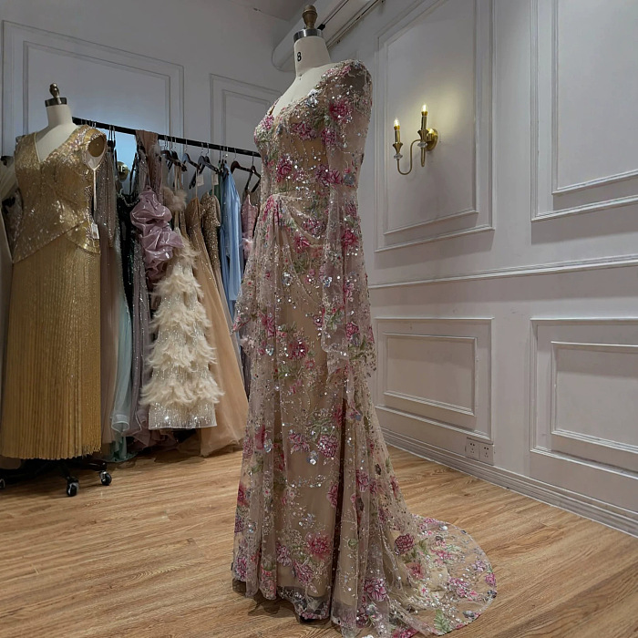 Ethereal Floral Embroidered Mermaid Evening Gown with Slit Bell Sleeves & Corset Back