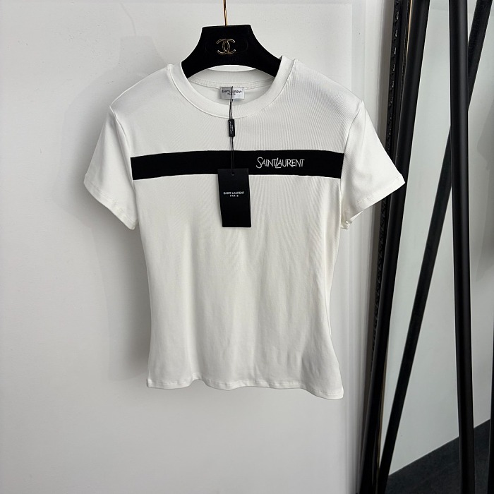 Contrast Striped Letter Embroidered Slim Fit Short Sleeve Tee