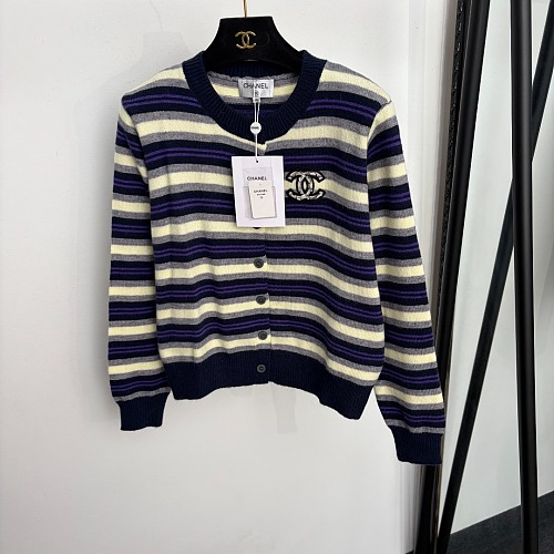 Contrast Striped Beaded Letter Print Knit Cardigan