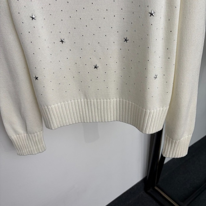 Star Rhinestone Letter Embroidered Crew Neck Knit Pullover Sweater
