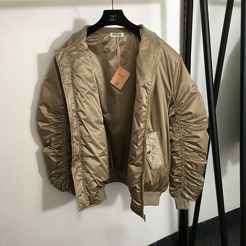 Letter Embroidered Patch Ruched Oversized Zip Puffer Jacket