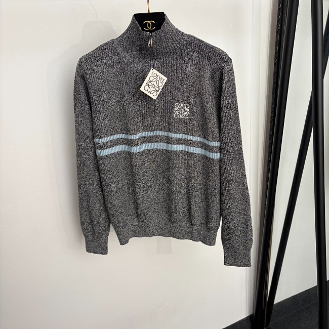 Contrast Striped Half Zip Embroidered Wool Knit Pullover