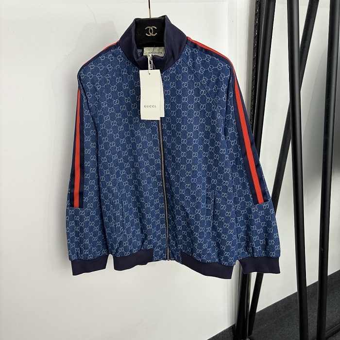 Monogram Jacquard Long Sleeve Denim Jacket And Side Stripe Wide Leg Jeans Set