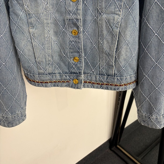 Diamond Quilted Chain Trim Crew Neck Denim Jacket
