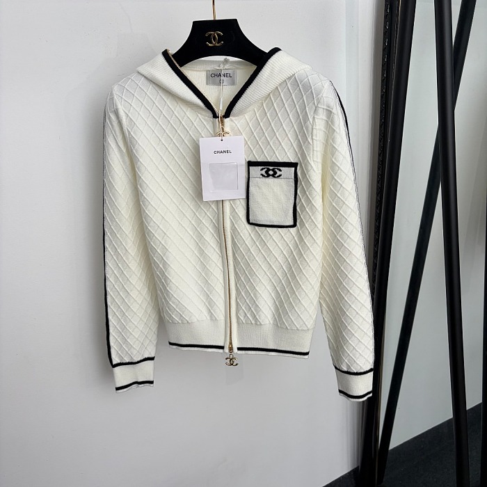 Contrast Pocket Zip Up Hooded Knit Cardigan Jacket