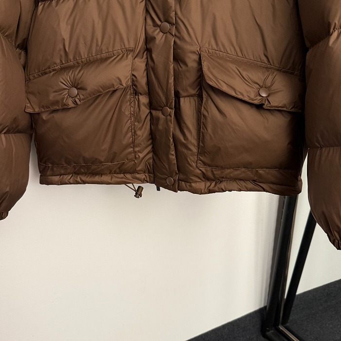 Contrast Leather Collar Zip Up Puffer Down Jacket