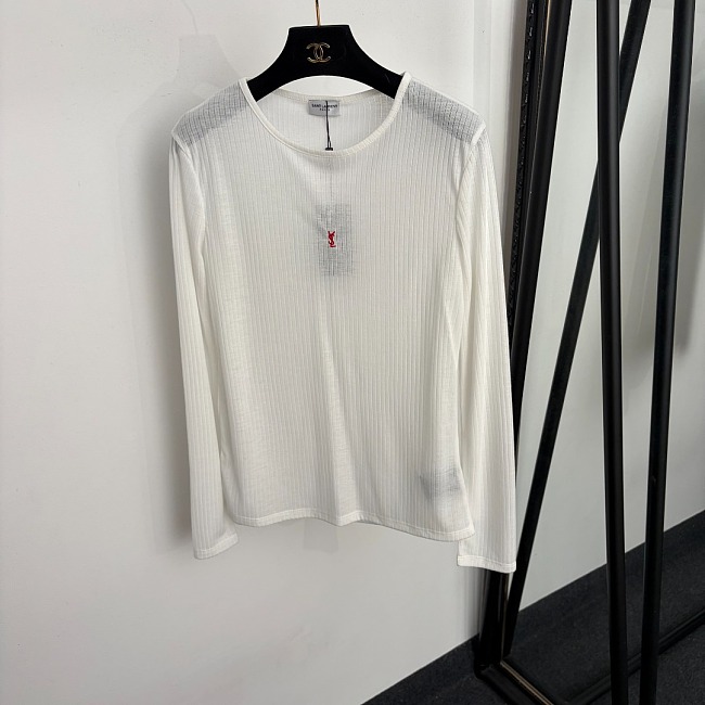 Red Letter Embroidered Sheer Long Sleeve Mesh Base Top
