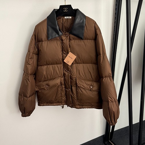 Contrast Leather Collar Zip Up Puffer Down Jacket