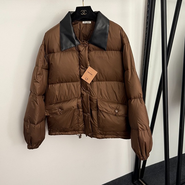 Contrast Leather Collar Zip Up Puffer Down Jacket