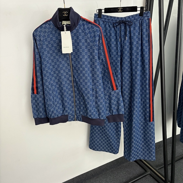Monogram Jacquard Long Sleeve Denim Jacket And Side Stripe Wide Leg Jeans Set