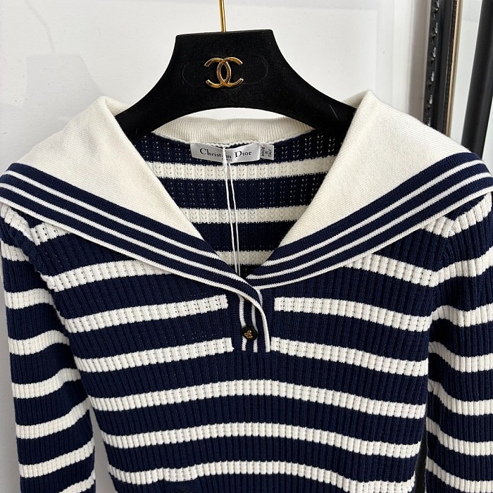 Star Letter Print Sailor Collar Striped Long Sleeve Knit Top