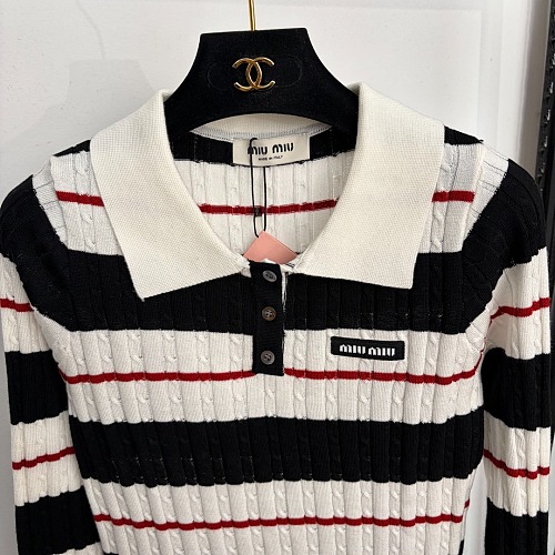 Striped Letter Graphic Polo Collar Wool Knit Top