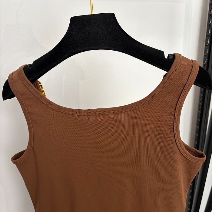 Metal Shoulder Button Ribbed Slim Fit Brown Tank Top