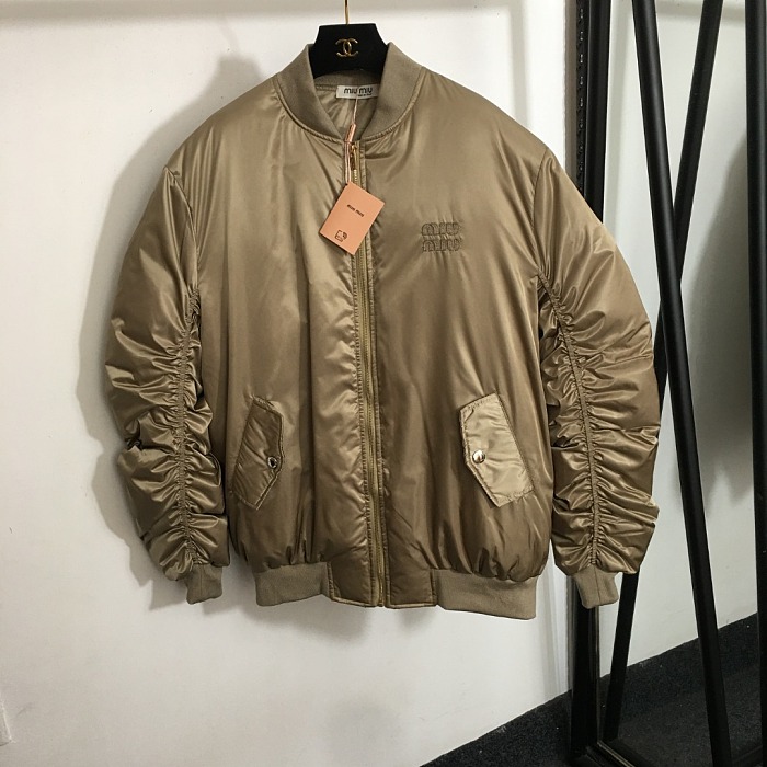 Letter Embroidered Patch Ruched Oversized Zip Puffer Jacket
