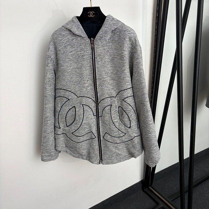 Double Sided Embroidered Pocket Hooded Zip Up Jacket