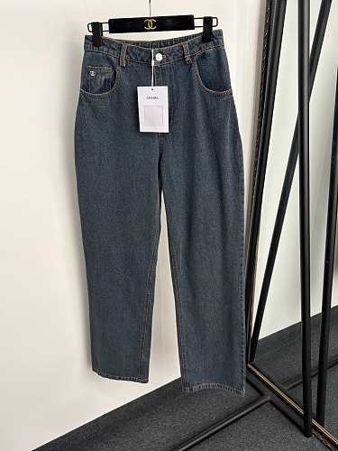 Double C Embroidered Pocket Minimalist Casual Denim Long Pants