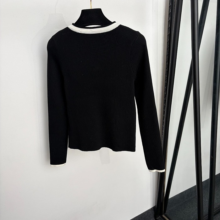 Contrast Trim V Neck Long Sleeve Knit Pullover Top
