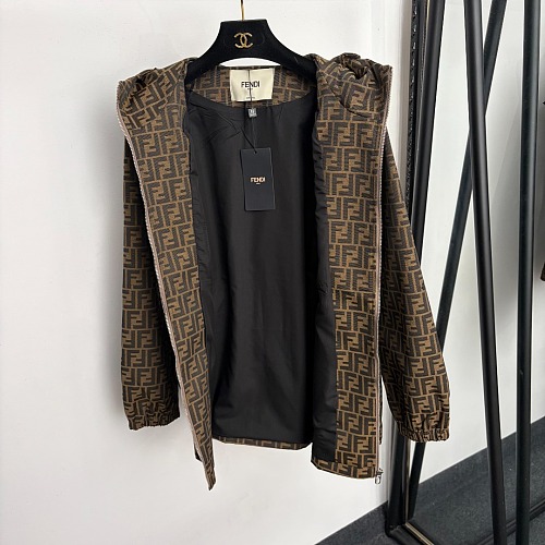 Monogram Jacquard Letter Print Drawstring Hooded Windbreaker Coat