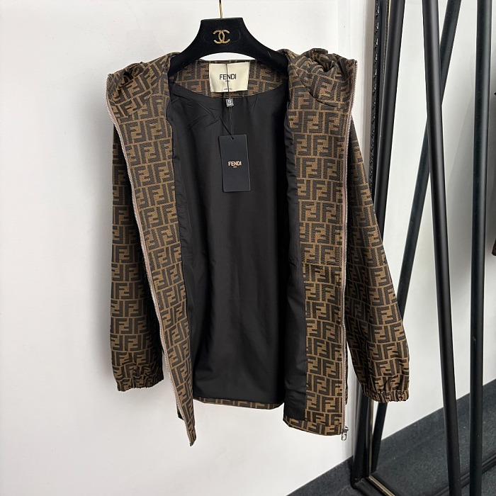 Monogram Jacquard Letter Print Drawstring Hooded Windbreaker Coat