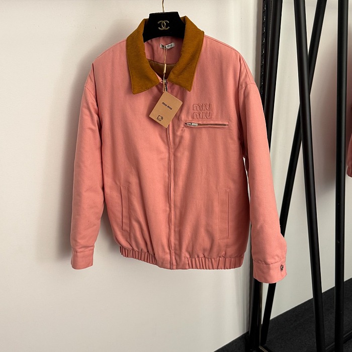 Embroidered Letter Patch Corduroy Panel Zip Up Puffer Jacket