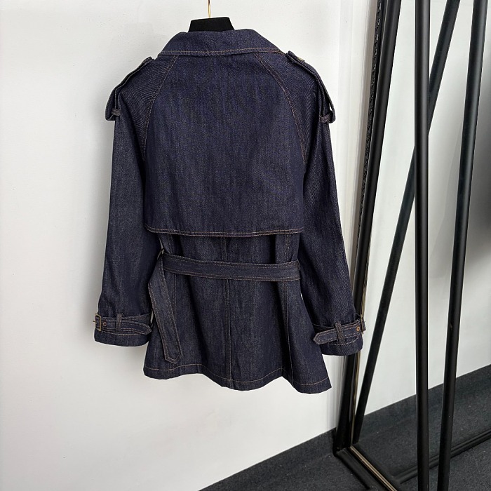 Double Breasted Crop Denim Trench Coat With Long Sleeves