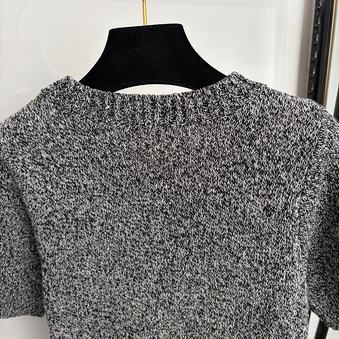 Chic Faux Leather Patch Short Sleeve Knit Pullover Top
