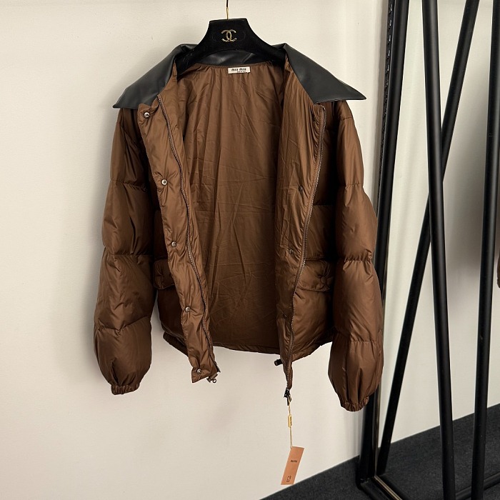 Contrast Leather Collar Zip Up Puffer Down Jacket