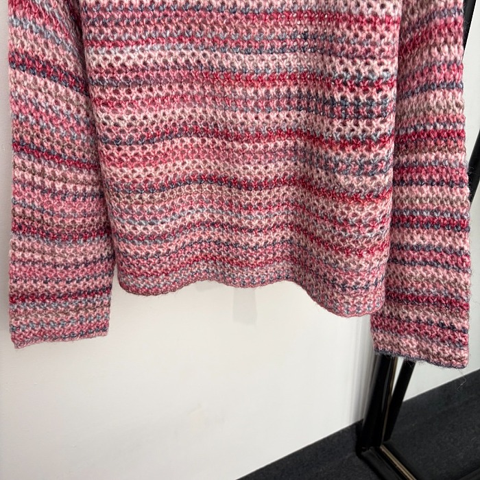 Striped Hollow Out Embroidered Icon Fuzzy Knit Long Sleeve Top
