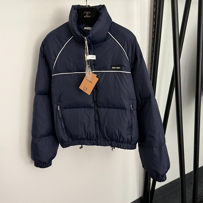 Contrast Trim Letter Patch Zip Up Puffer Jacket