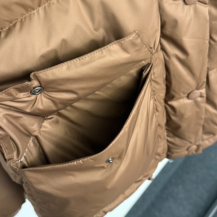 Contrast Leather Collar Zip Up Puffer Down Jacket