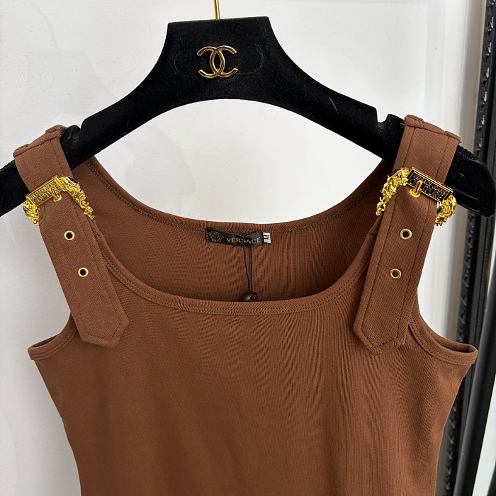 Metal Shoulder Button Ribbed Slim Fit Brown Tank Top