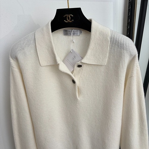 Ribbed Trim Polo Neck Wool Knit Top