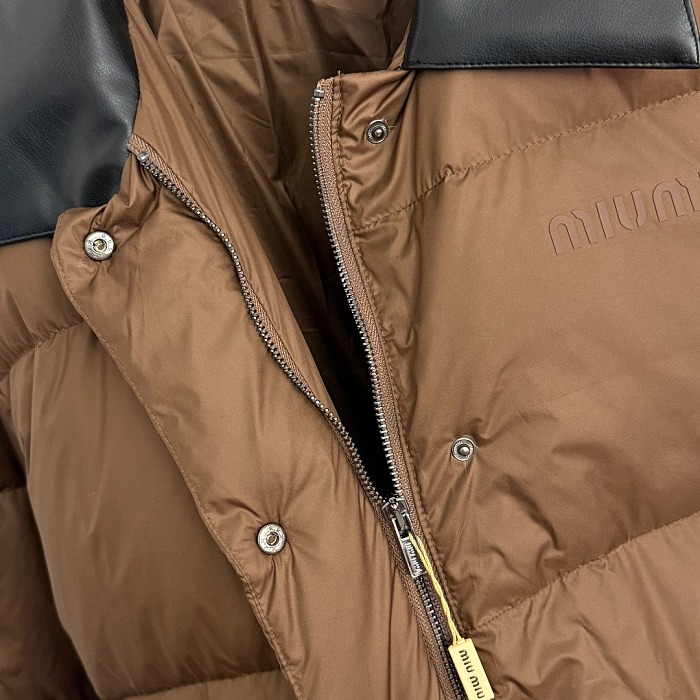 Contrast Leather Collar Zip Up Puffer Down Jacket