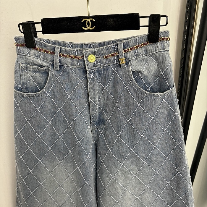 Diamond Quilted Chain Waist High Waist Wide Leg Denim Pants