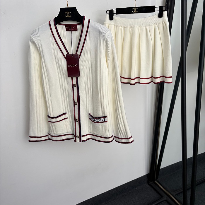 Contrast Trim V-Neck Knit Cardigan And Pleated Mini Skirt Set