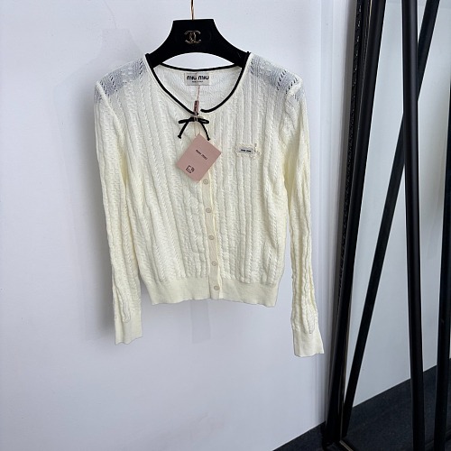 Bow Tie Ribbed Knit Cardigan With Letter Detail