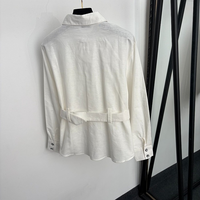 Chic Contrast Trim Linen Shirt With Belt And Metallic Buttons